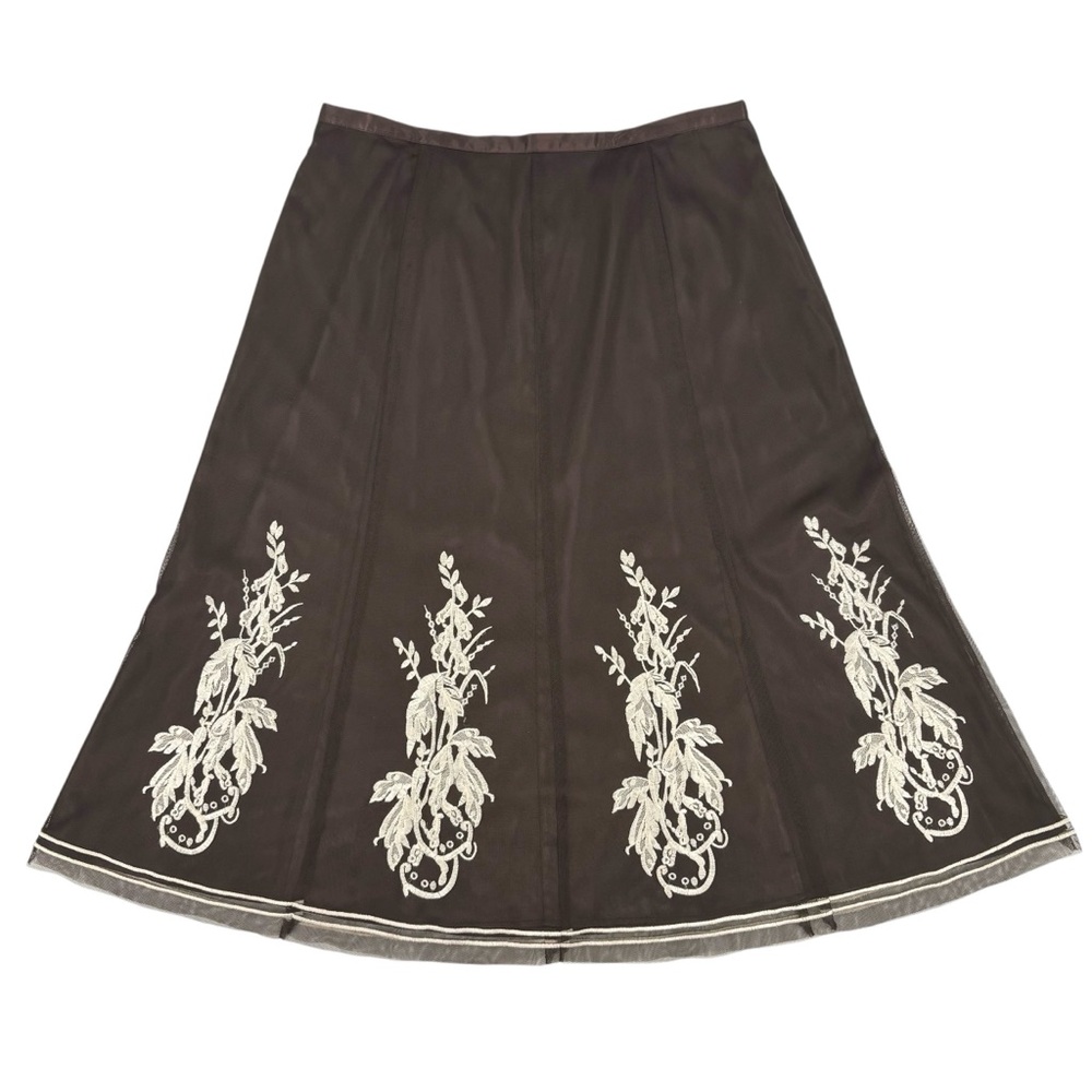 Nygard Collection Brown Net Lace Embroidered Lined A-Line Midi Skirt, 14